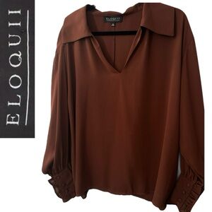 Eloquii Brown Collared V-Neck Long Sleeve Blouse | Like New